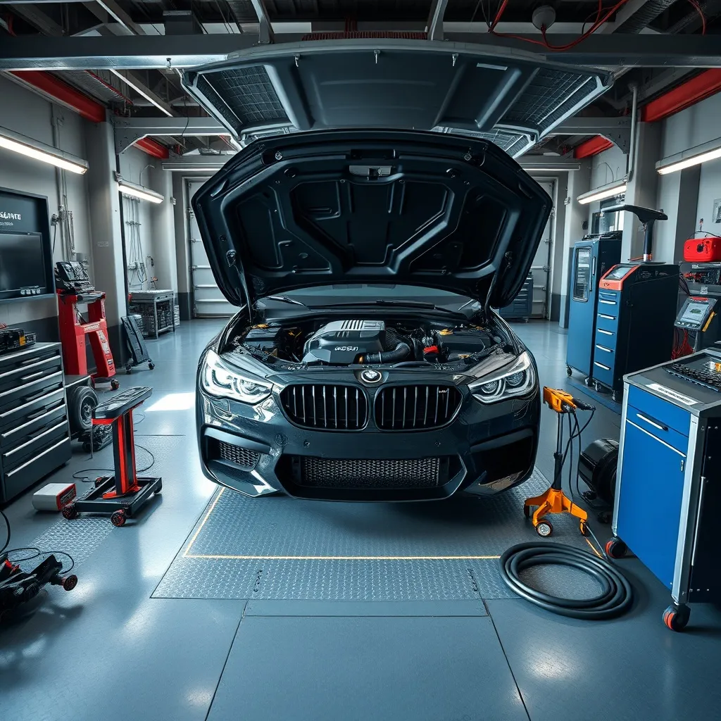 A modern car engine bay with professional diagnostic tools a