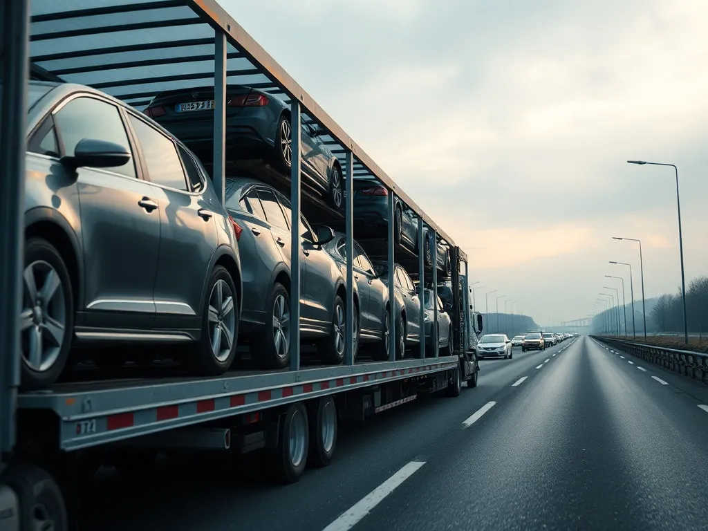 A large car transport trailer carrying multiple used cars on